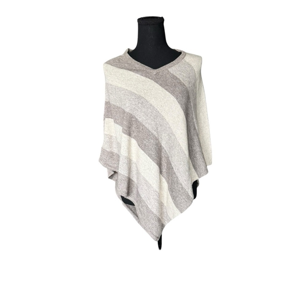 100% Cashmere Poncho Sweater Neutral Stripe Quiet Luxury Capsule OS W8